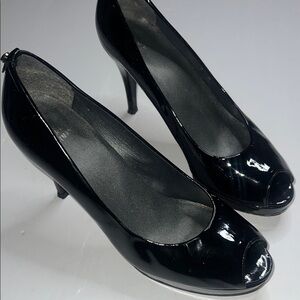 Stuart Weitzman Glossy Black Peep-Toe Heels